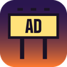 A tiny billboard on two posts, lit from above. The only ad in the vault that nobody pays for.